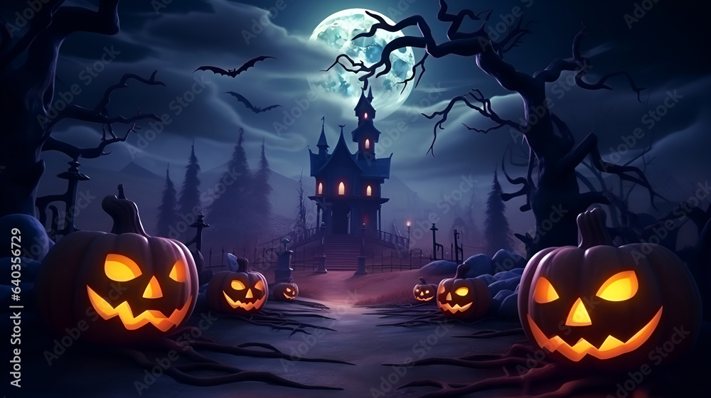 Fototapeta premium Illustration, AI generation. Halloween background with Jack's pumpkin head and dark castle at night.