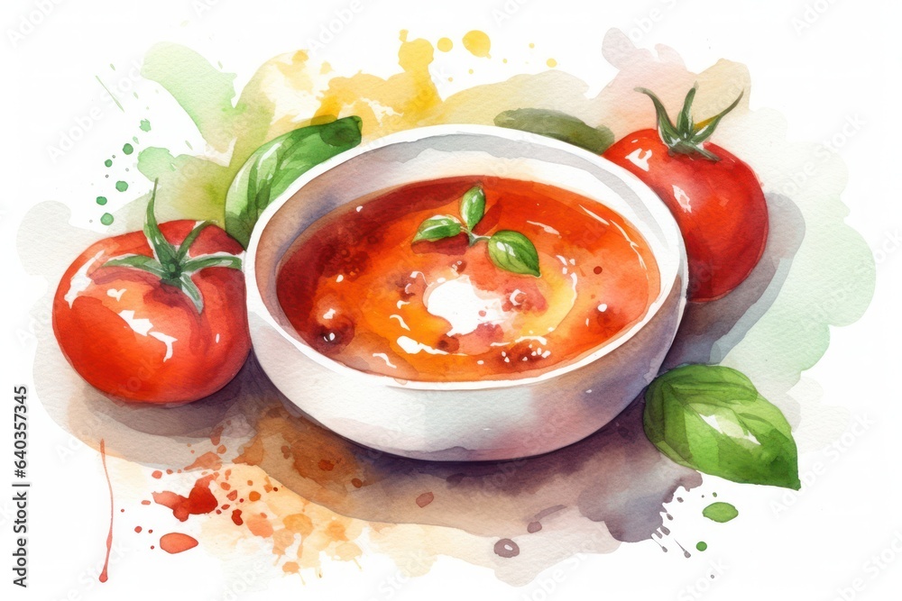 watercolor tomato soup with basil and tomatoes