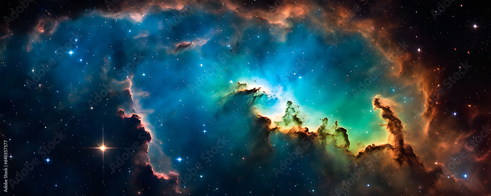 Abstract concept of a neon blue and green nebulosa with cosmic gas. Birth of a star. Banner format. Abstract concept of a neon blue and green nebulosa with cosmic gas. Birth of a star. Banner format.