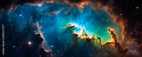 Abstract concept of a neon blue and green nebulosa with cosmic gas. Birth of a star. Banner format. photo