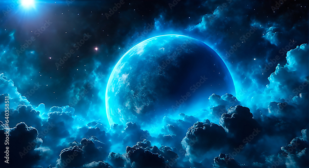 Deep space background featuring a blue planet and cosmic dust.
