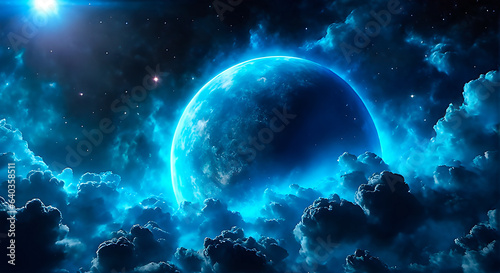 Deep space background featuring a blue planet and cosmic dust. © Creative mind