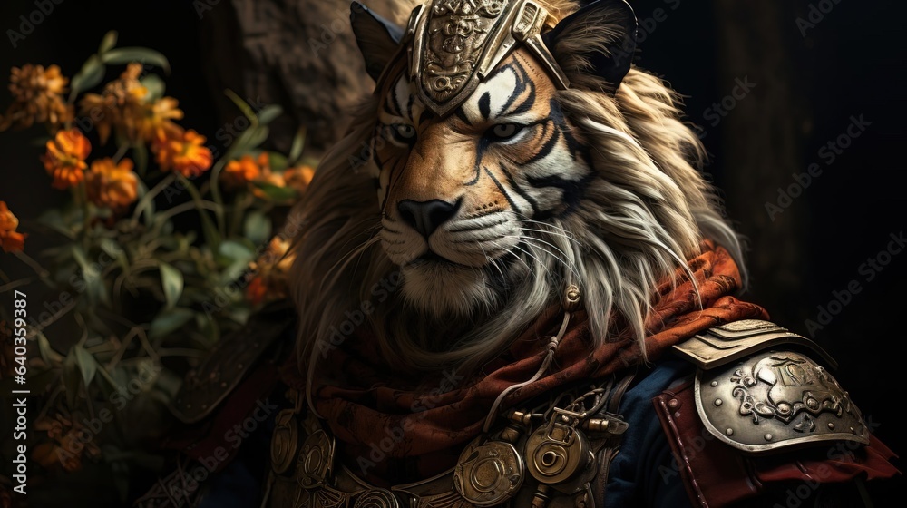 A fantasy tiger from the Middle Ages in knightly armor.Created with Generative Ai technology.