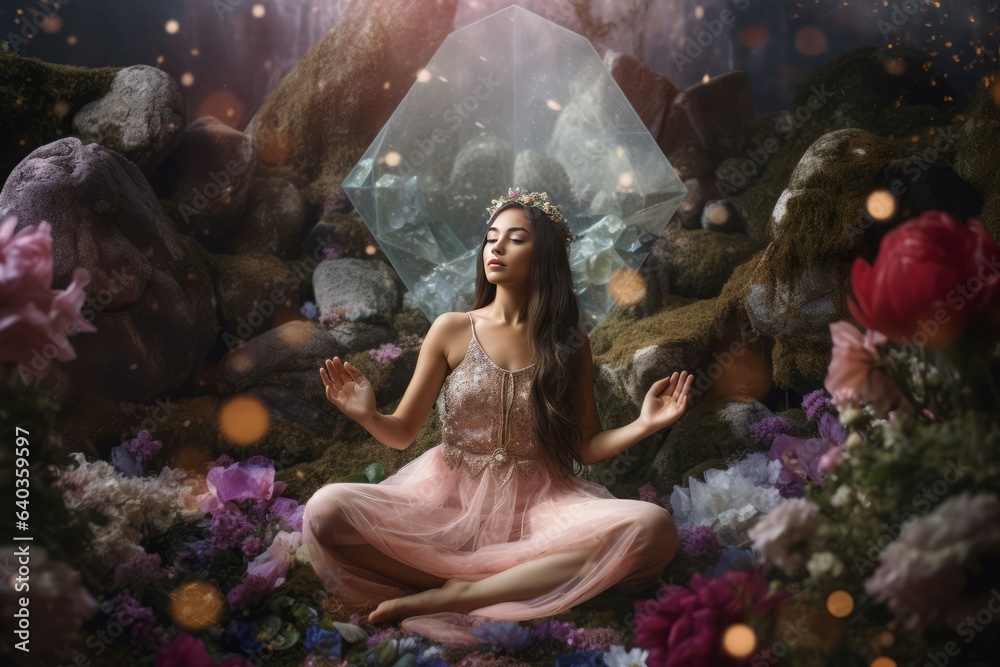 Woman meditation mystical flowers. Generate Ai