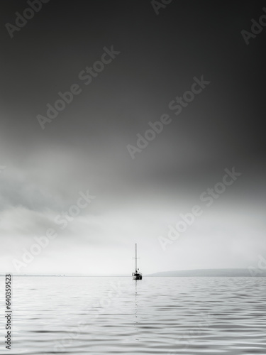 ascetic seascape with alone sailboat in monochrome style