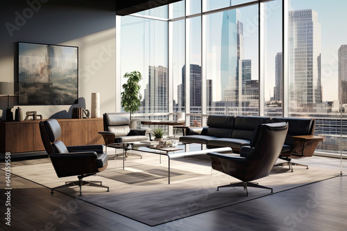 A light modern office interior with panoramic windows and beautiful lighting. © Robert
