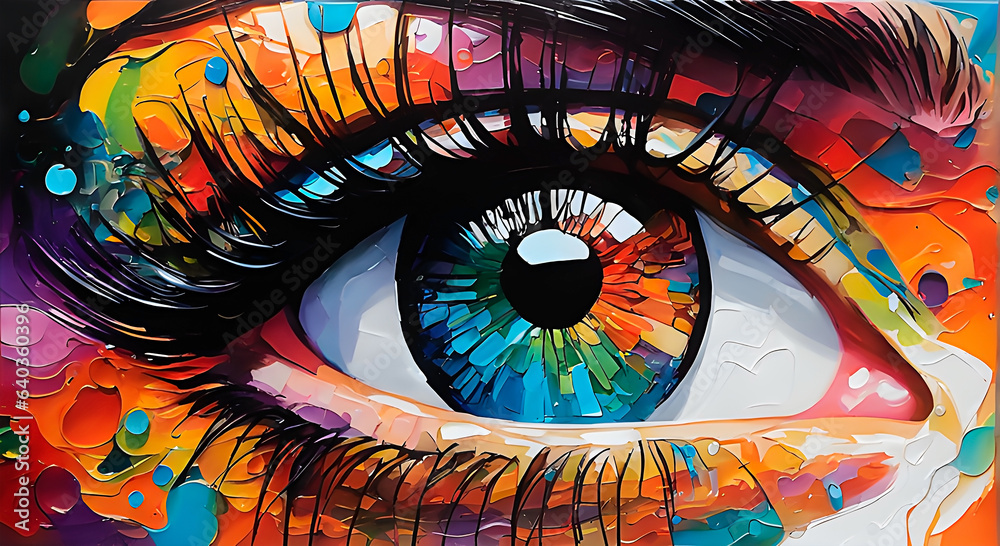 Colorful abstract woman's eye in acrylic painting style.