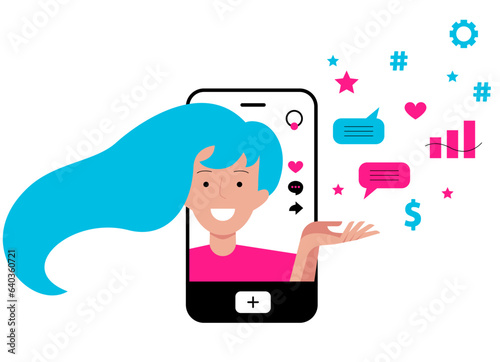 Young female influencer recording a candid video for social media, capturing her lifestyle and setting the latest trends. Social media marketing and communication concept. Cartoon creative design