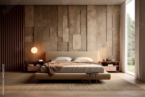 Perfect bedroom with natural elements, plants, wood and hardwood floors. Elegant luxurious bedroom design