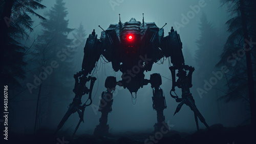 A huge creepy war machine robot with big red eyes glows, pointing skyward in the middle of the forest. Generative AI