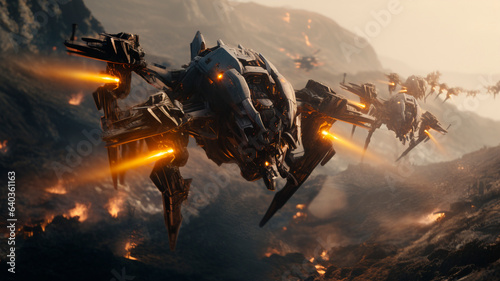 Attack of a swarm of combat drones, a cinematic shot of the use of modern technology in military affairs, Generative AI