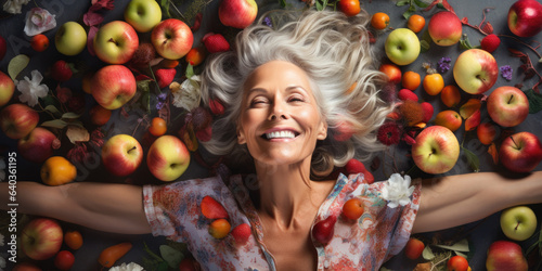 Fototapeta Naklejka Na Ścianę i Meble -  mature woman with gray hair, beauty shooting with fruits