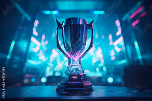 The esports winner trophy standing on the stage in the middle of the arena of the computer video game championship. Two rows of PCs for competing teams. Stylish neon lights with a cool design.
