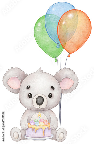 Photography Koala with birthday cake and balloons