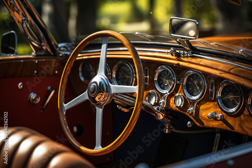 Wooden and Steel Steering Wheel in a Luxury Retro Cabriolet Car
