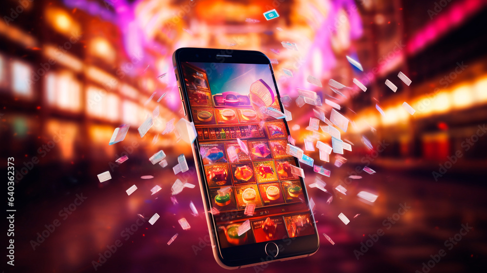 online casinos, big gambling in your smartphone. illustration of gambling mobile apps, Generative AI