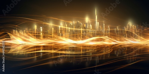 Golden Dubai: Glittering Skyline and Abstract Waves.