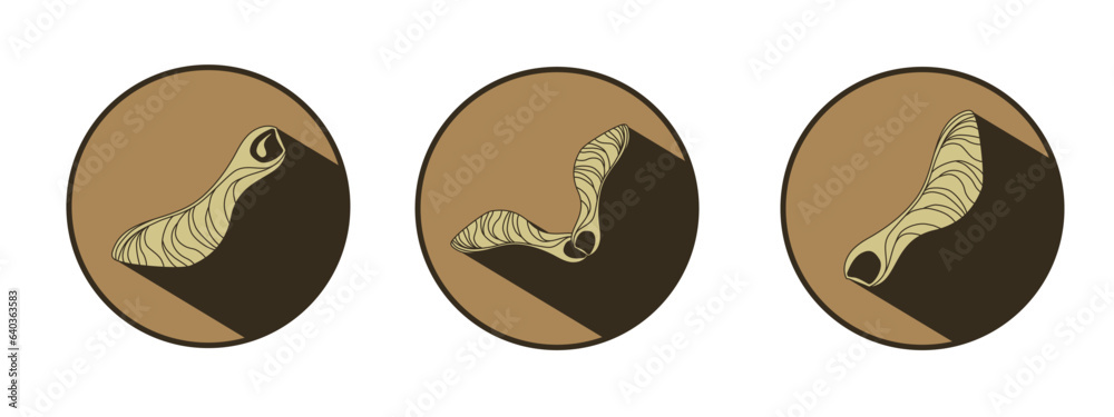 Logo of shaped maple seeds. Vector images of natural elements on brown background for eco design. Linear drawing of maple lionfish. 