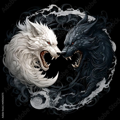 yin and yang symbol formed by two fearce wolves facing each other