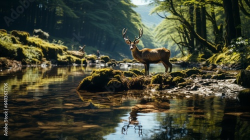 Tranquil Deer Amidst Forest and River. Nature Photography.