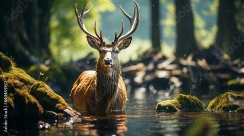 Serene Forest Landscape with Deer by the River. Natural Beauty. © Petal Palette