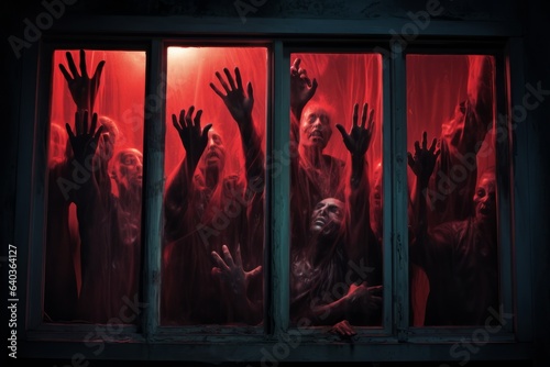 Canvas Print Spooky many zombie hands outside the window, red glowing light