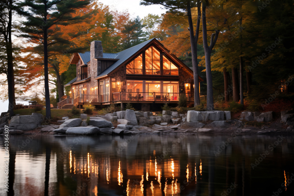 Fototapeta premium Luxury chalet on the lake in the evening.