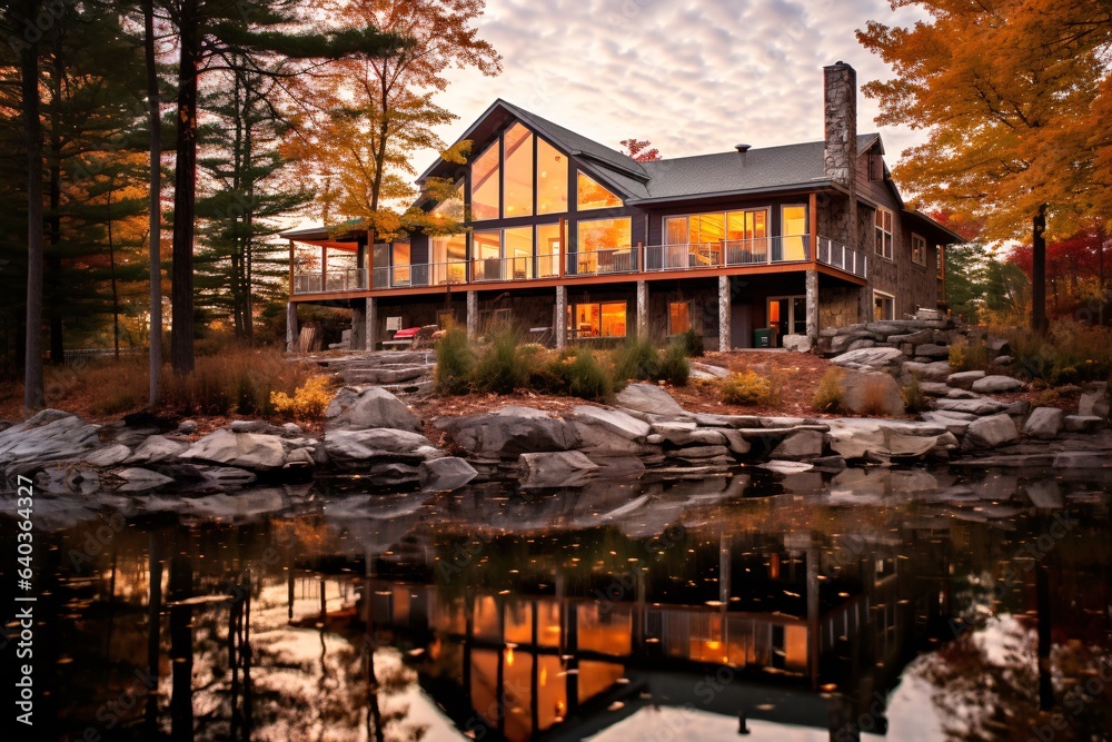 Beautiful modern house in the forest at sunset with reflection in water Beautiful modern house in the forest at sunset with reflection in water