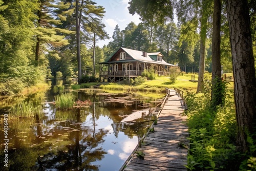 Old wooden house on the lake in the park. Summer landscape.