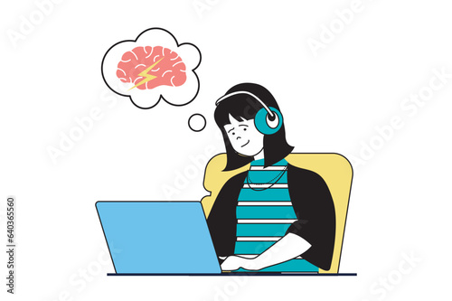 Brainstorming concept with people scene in flat web design. Woman works at laptop, gets new information and ideas for creative process. Vector illustration for social media banner, marketing material.
