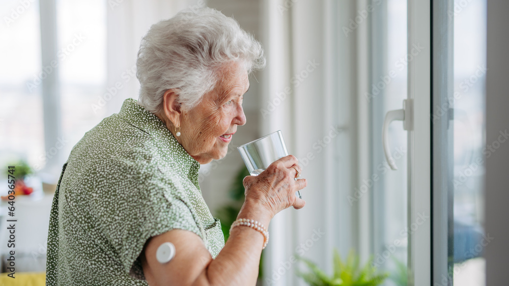 Senior woman drinking water to better manage her diabetes. Senior woman drinking water to better manage her diabetes.