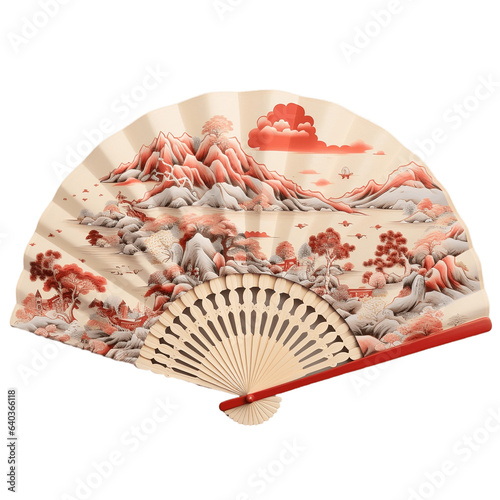 Chinese folding fan Chinese mountains. Isolated on Transparent background.