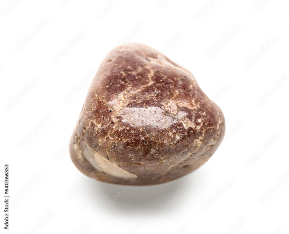 Fototapeta premium Brown tumbled pebble isolated on white background, geology and natural stone texture