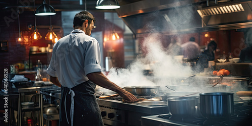 chef in the kitchen, view from behind, steam rising up