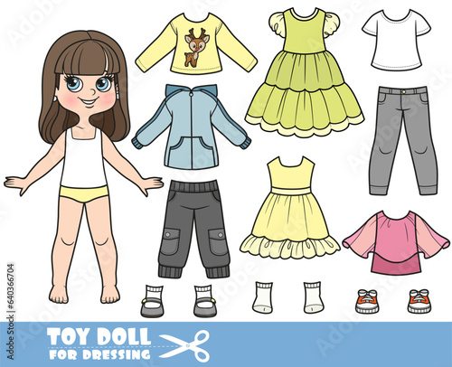 Cartoon brunette girl  and clothes separately - dress, blouse, long sleeve, shirts, jeans and sneakers doll for dressing