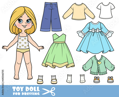Cartoon girl with with bob hairstyle and clothes separately - dresses,  long sleeve, shirts, jeans and sneakers doll for dressing