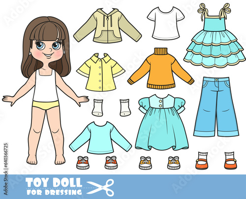 Cartoon brunette girl  and clothes separately -   dresses, long sleeves, shirts, jeans and sneakers doll for dressing