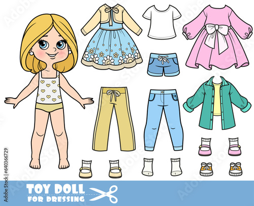 Cartoon girl with with bob hairstyle and clothes separately - dresses, shirts, shorts, jeans and sneakers doll for dressing