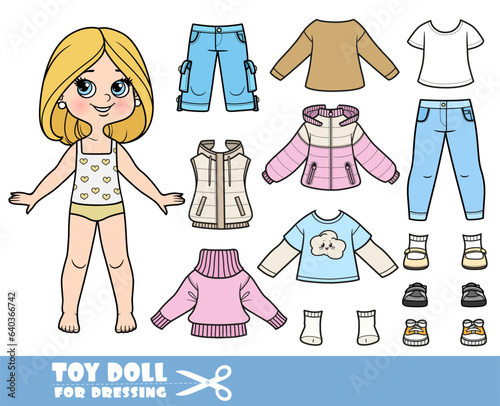 Cartoon girl with with bob hairstyle and clothes separately - sweater, padded jacket, shorts, longsleeve, shirts, jeans and sneakers doll for dressing