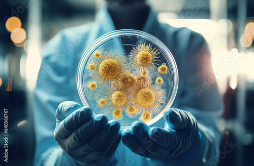 A scientist holds a chemical dish with bacterial crops in it.