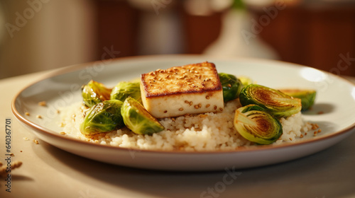 Simple side dish a slice of seared tofu on a small plate, generative ai