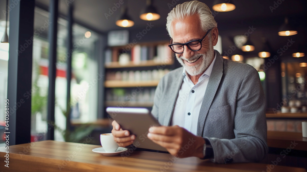 An older man using a tablet, at a table in a coffee shop.
