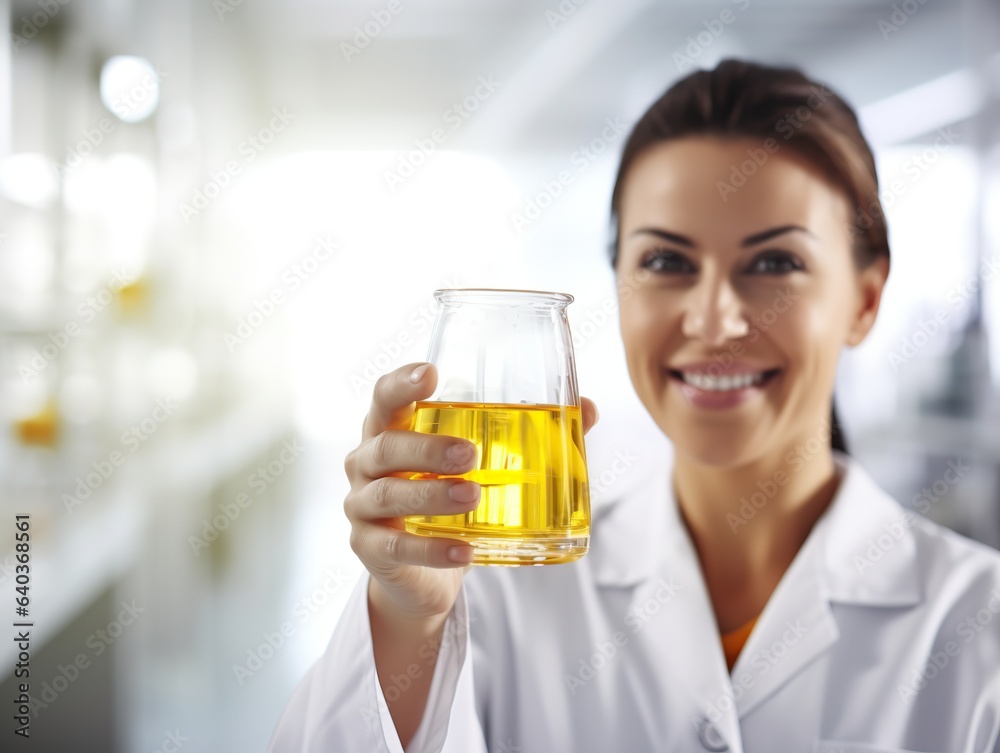 A glass beaker with a new medicinal drink in the hands of a chemical scientist. A glass beaker with a new medicinal drink in the hands of a chemical scientist.