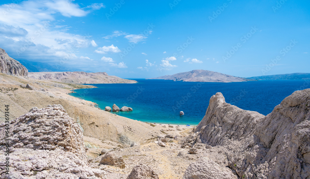 view on famous beach Beritnica in Metajna on Pag island in Croatia