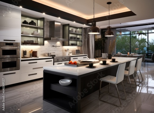 Exquisite kitchen space within a luxurious new home, adorned with pristine white cabinetry and wood detailing. Enhancing the ambiance are elegant pendant lights, sleek stainless steel appliances. © lililia