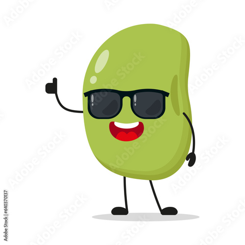 Cute happy mung bean character wear sunglasses. Funny bean greet friend cartoon emoticon in flat style. mung bean emoji vector illustration