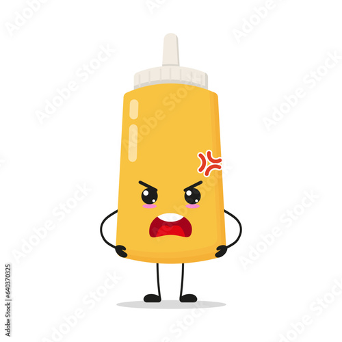Cute angry mustard sauce bottle character. Funny mad food cartoon emoticon in flat style. mayonnaise bottle emoji vector illustration