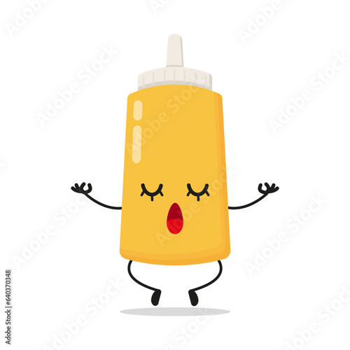 Cute relax mustard sauce bottle character. Funny yoga food cartoon emoticon in flat style. mayonnaise bottle emoji meditation vector illustration