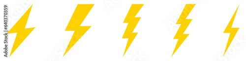 Vector electric lightning bolt logo set isolated on white background for electric power symbol, poster, t shirt. Thunder icon. Storm pictogram.