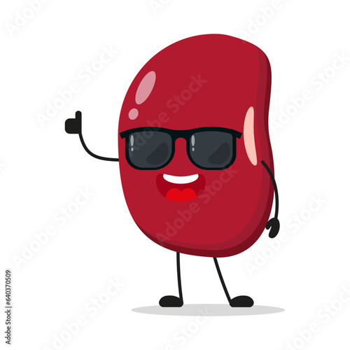 Cute happy red bean character wear sunglasses. Funny bean greet friend cartoon emoticon in flat style. red bean emoji vector illustration
